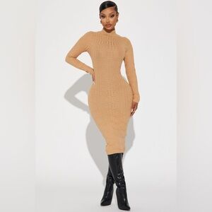 FCT With Love Tanya Textured Sweater Midi High Neck Dress Tan Size XL Unworn